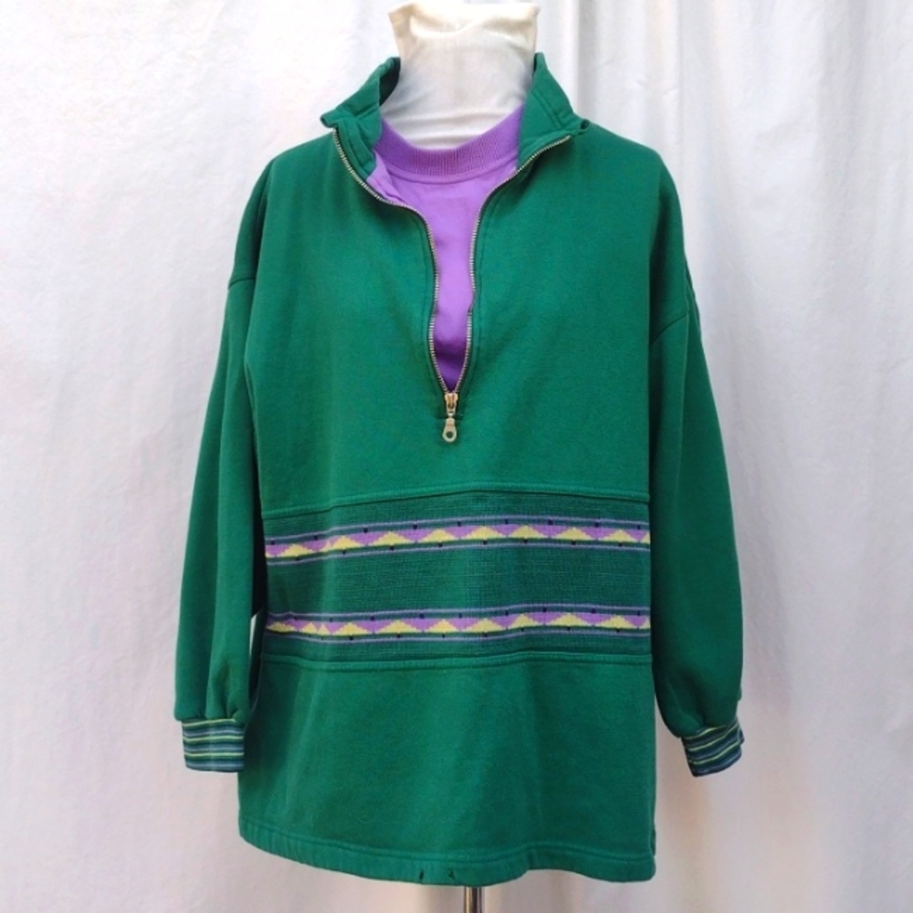 1980s Cheetah Mervyn's Green and Lavender Sweatshirt with Faux T-shirt Medium